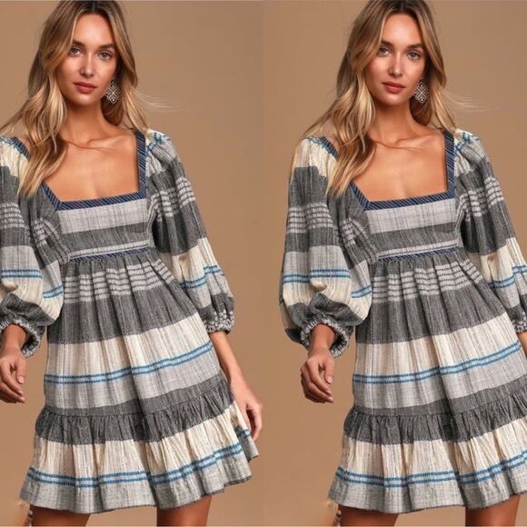 FREE PEOPLE  Cozy Stripe Mini Dress Oversized Babydoll Boho Coastal Peasant sz M - Picture 13 of 14